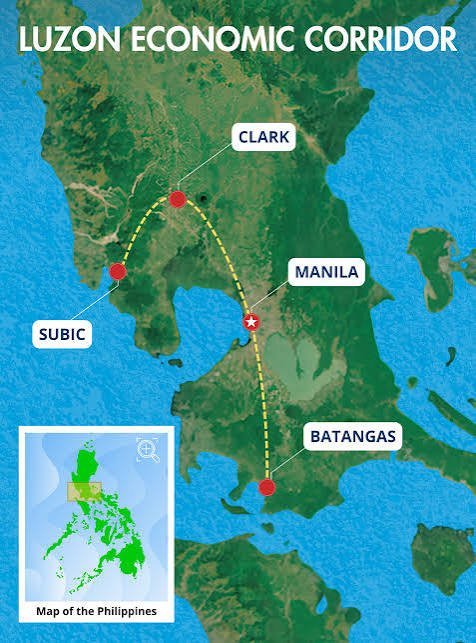 Luzon Economic Corridor map connecting Clark, Manila, Subic, and Batangas with dashed yellow route line over Luzon island, Ph