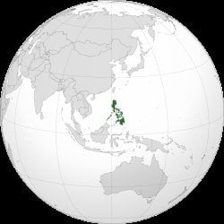 Philippines marked in dark green on an orthographic globe map centered on Southeast Asia and the Western Pacific Ocean