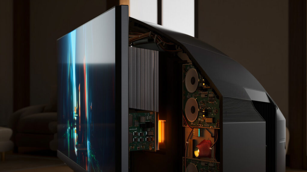 Plasma Displays Photorealistic close-up of a 2000s home theater TV showing a vivid movie scene, with a rear cutaway revealing the internal plasma displays layers—glowing RGB subpixels, gas-cell discharge, high-voltage circuit boards, and speaker magnets—under cinematic low light.