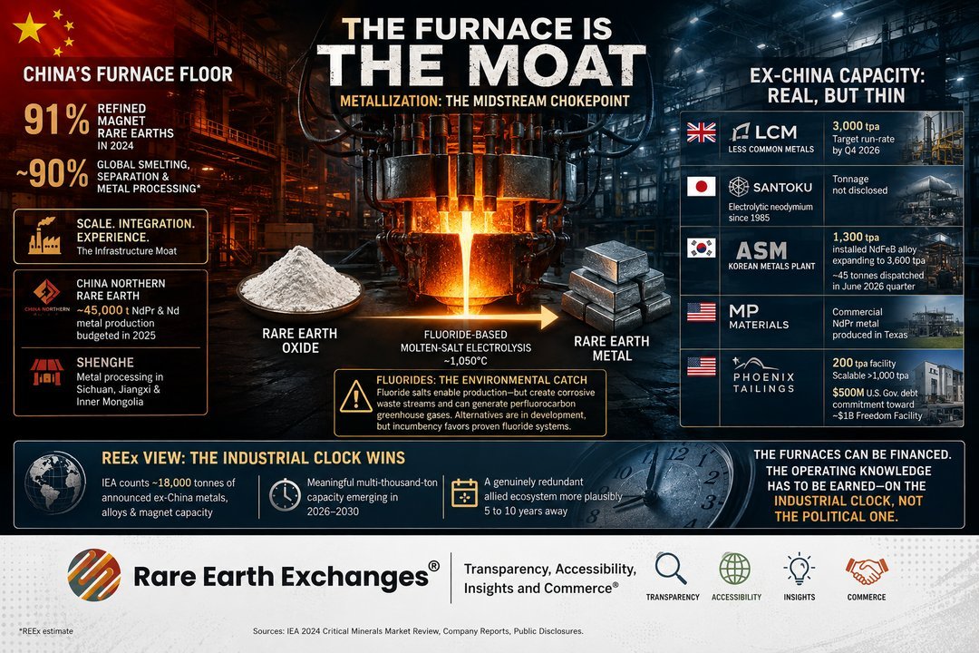 Rare Earth Exchanges infographic on China controlling 91% refined magnet rare earths and 90% global smelting versus ex-China