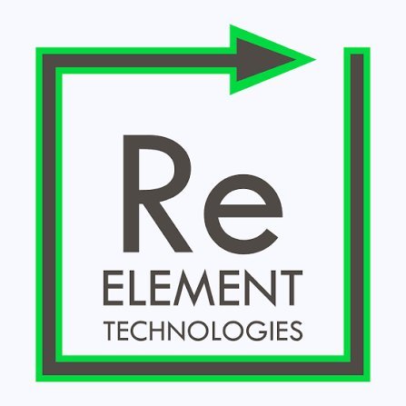 Re Element Technologies logo designed as periodic table element box with green border, arrow, and dark gray Re symbol