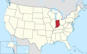 Indiana state highlighted in red on a United States map, located in the Midwest between Illinois, Ohio, Michigan, and Kentuck