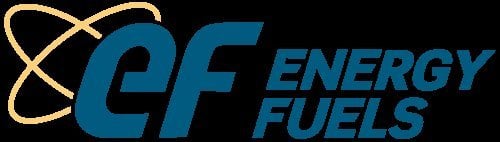 Energy Fuels Inc logo with stylized EF letters in teal blue and gold atomic orbit symbol beside bold company name text