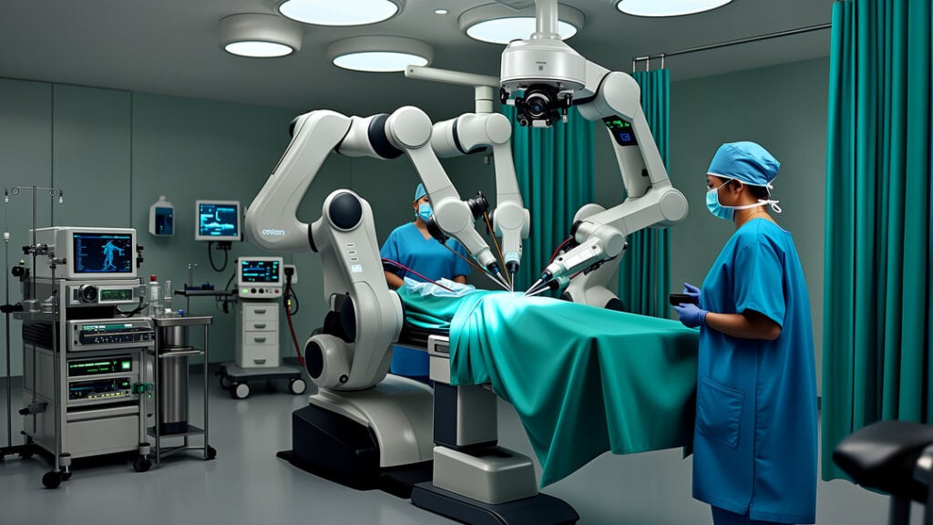 Robotic Surgery Systems Photorealistic modern operating room scene featuring **robotic surgery systems** with a multi-arm surgical robot performing minimally invasive surgery over a draped, unidentifiable patient as sterile staff monitor beside an anesthesiology station and glowing surgeon console under bright surgical lighting.