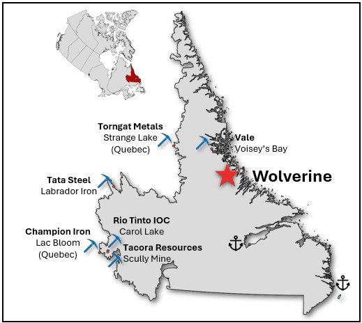Map of Labrador and Newfoundland marking Wolverine project site near Vale Voiseys Bay alongside Tata Steel Labrador Iron, Rio