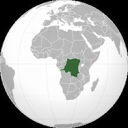 Orthographic globe map of Africa with Democratic Republic of Congo marked in dark green, centered in sub-Saharan Africa