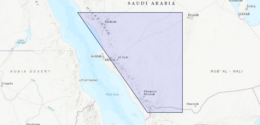 Highlighted map of Hejaz and Asir regions in western Saudi Arabia bordering the Red Sea, including cities Mecca, Madinah, Jed