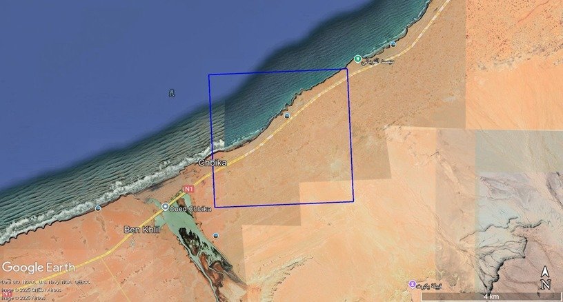 Aerial satellite view of Chbika and Ben Khlil villages along Morocco Atlantic coast near N1 highway with blue rectangle overl