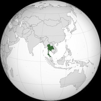 Thailand highlighted in dark green on an orthographic globe projection centered on Southeast Asia, surrounded by neighboring