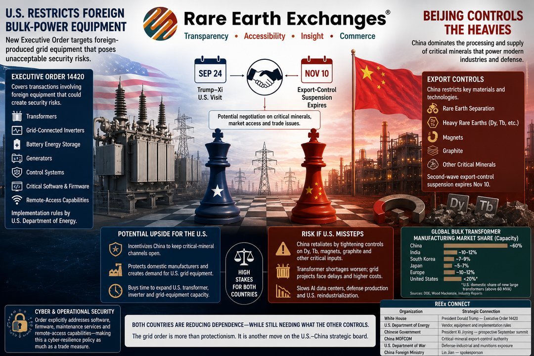 Rare Earth Exchanges infographic on US Executive Order 14420 restricting foreign bulk-power equipment and Beijing rare earth