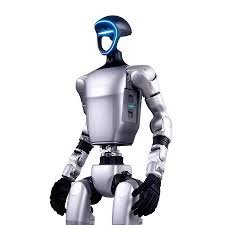 Unitree H1 humanoid robot with silver white exoskeleton, blue LED illuminated head, black gloved hands, standing upright on w