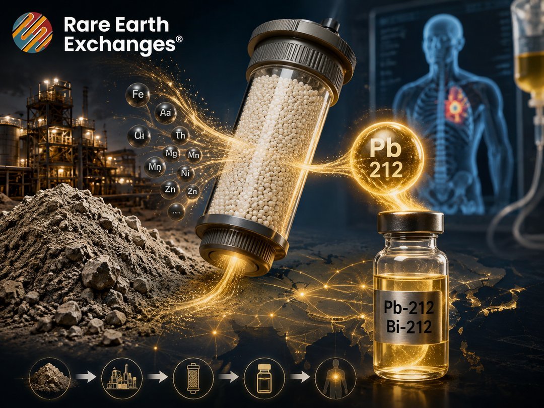 Rare Earth Exchanges infographic of Pb-212 Bi-212 radioisotope purification column filtering thorium ore into medical-grade v