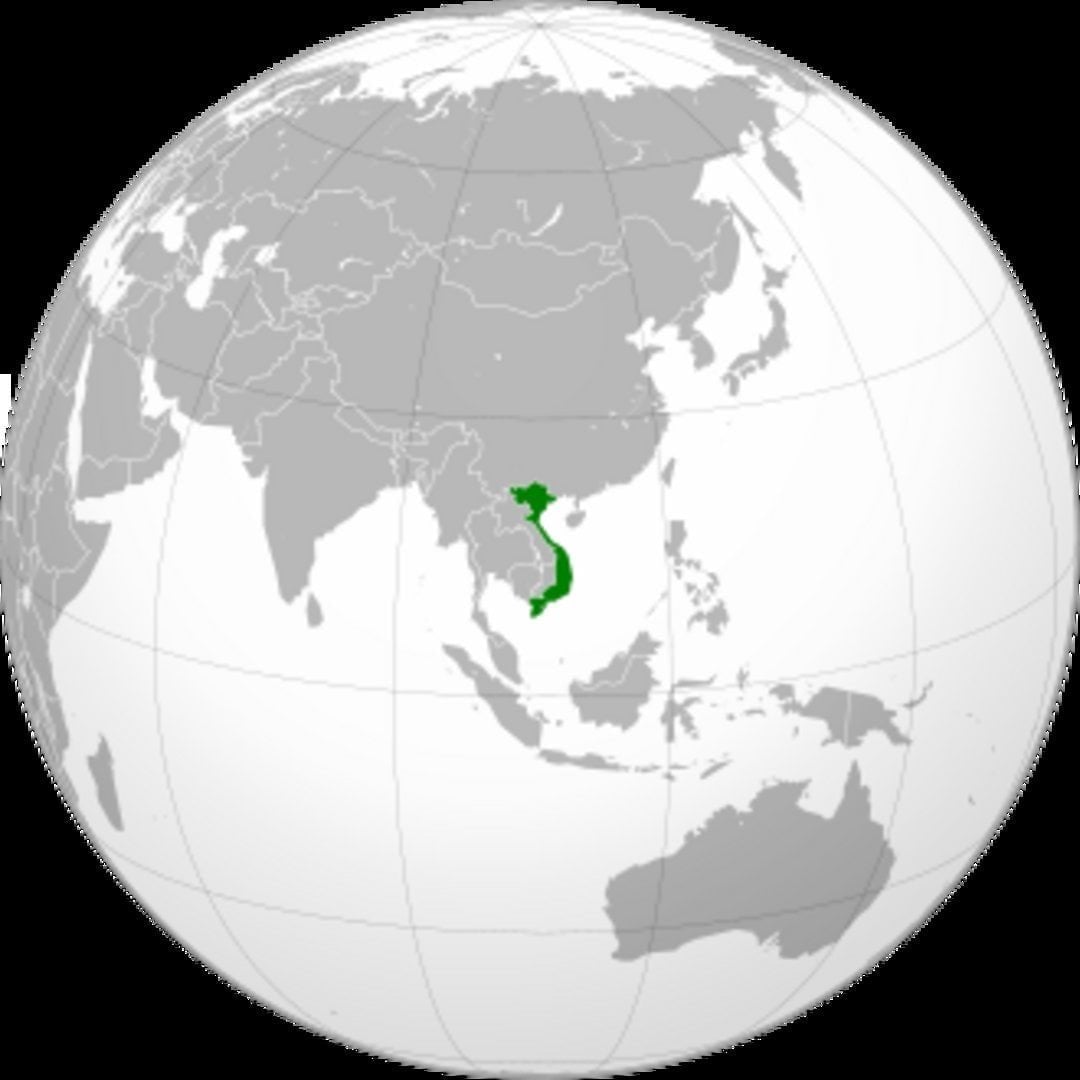Vietnam marked in dark green on a gray orthographic globe map centered on Asia, with China, India, Australia, and Southeast A