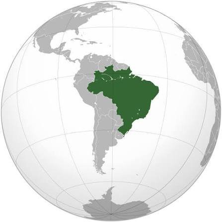 Brazil's territory marked in dark green on a globe, occupying the eastern half of South America, bordered by Atlantic Ocean