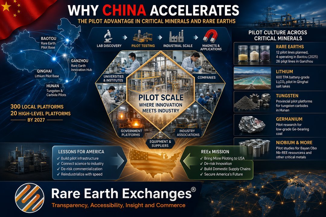 Rare Earth Exchanges infographic explaining China's pilot scale advantage in critical minerals including rare earths, lithium