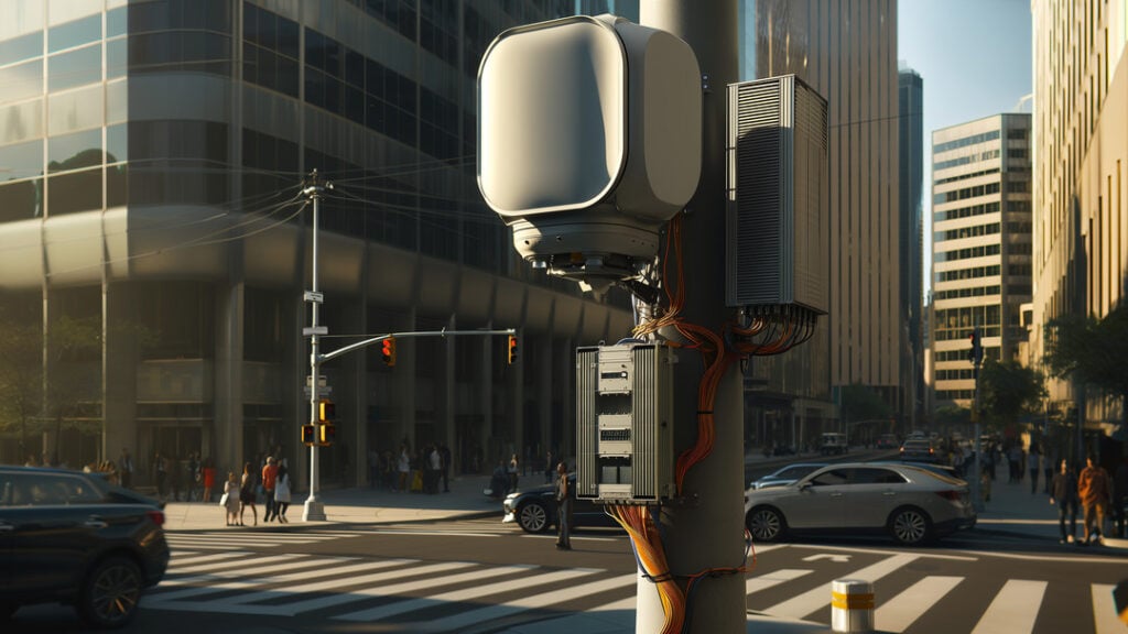 5g Base Stations Photorealistic documentary-style image of **5g base stations** featuring a pole-mounted massive MIMO panel antenna with radio unit, cooling module, and neatly routed fiber and power cables on a busy urban street corner with glass office buildings and motion-blurred pedestrians in golden-hour light.