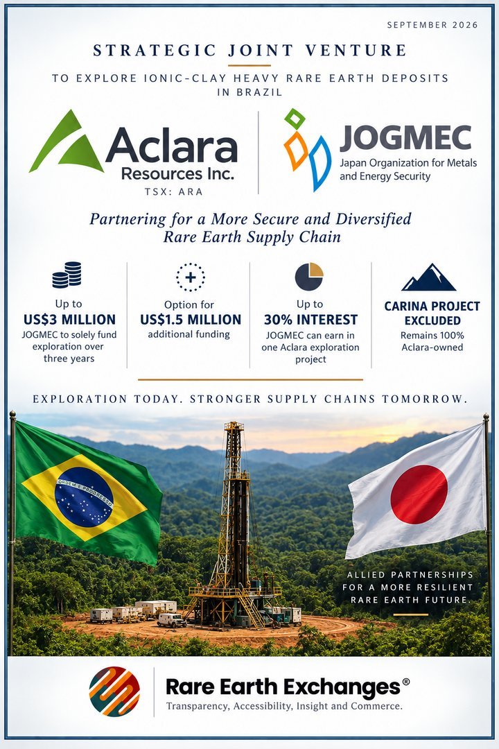 Aclara Resources Inc and JOGMEC joint venture infographic for ionic-clay heavy rare earth exploration in Brazil with US$3M fu