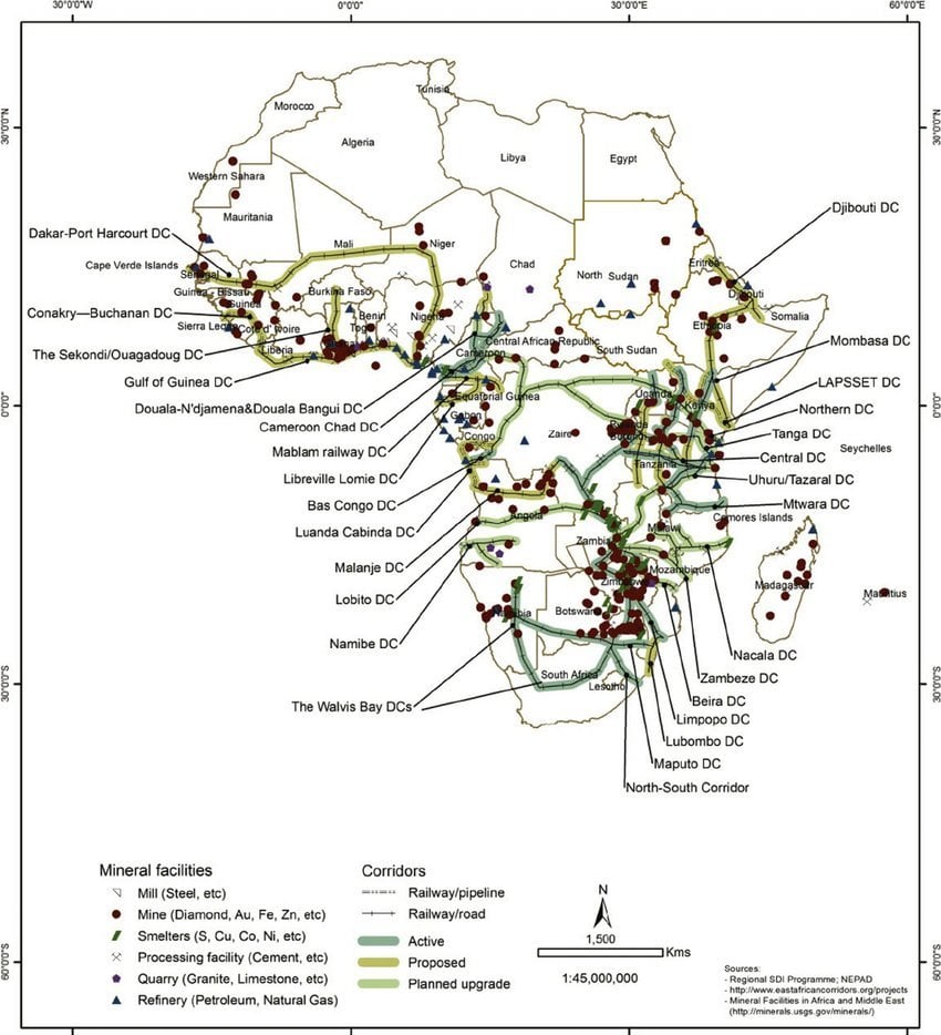 Map of Africa marking mineral facilities including mines, refineries, smelters and development corridors like Lobito DC, Momb