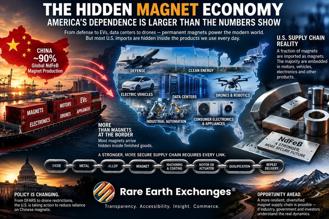 Rare Earth Exchanges infographic on US dependence on Chinese NdFeB magnets embedded in EVs, defense, drones, data centers, an
