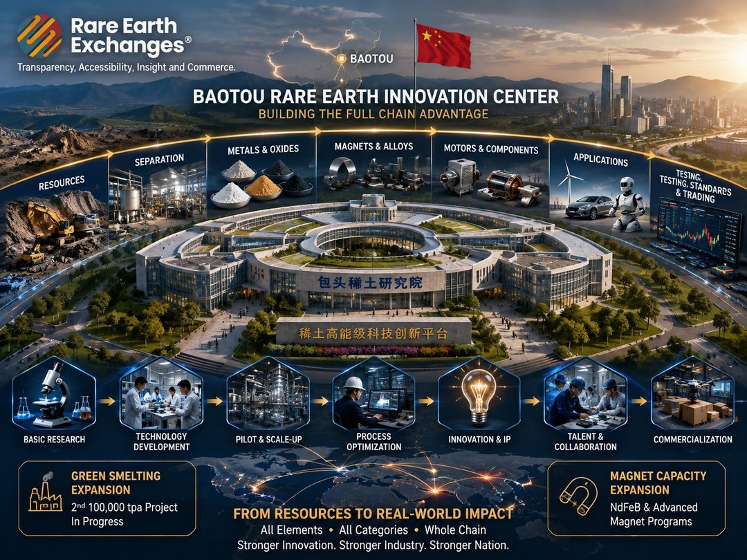 Baotou Rare Earth Innovation Center infographic illustrating full supply chain from resources through separation, metals, mag