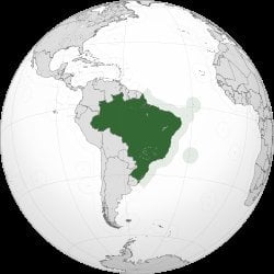 Brazil highlighted in dark green on an orthographic globe projection, displaying its borders within South America
