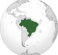 Orthographic globe projection with Brazil colored in dark green occupying central and eastern South America, surrounding coun