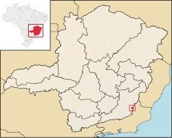 Map of Minas Gerais state in Brazil with a red-highlighted municipality in the southeastern region near Rio de Janeiro border