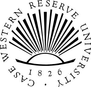 Circular seal of Case Western Reserve University featuring a rising sun with radiating rays above a semicircle, encircled by