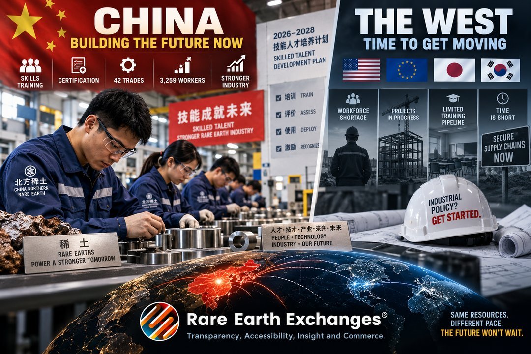 China Northern Rare Earth workers training under 2026-2028 Skilled Talent Development Plan contrasted with Western nations fa