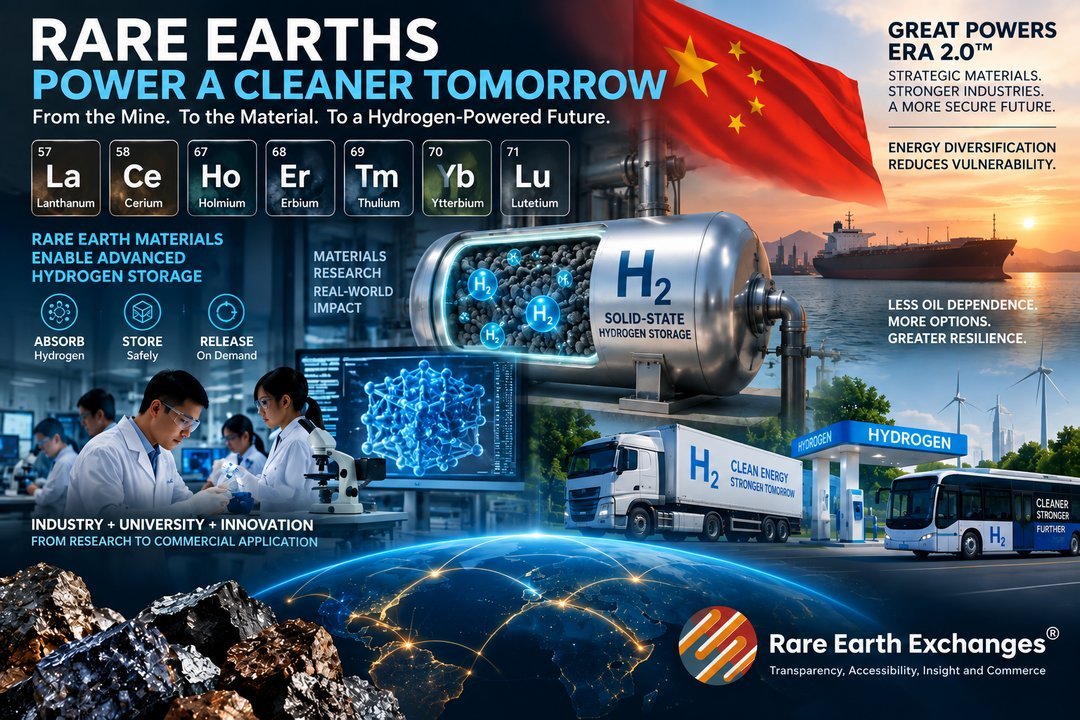 Rare Earth Exchanges infographic: lanthanide elements La Ce Ho Er Tm Yb Lu powering solid-state hydrogen storage tanks, fuel
