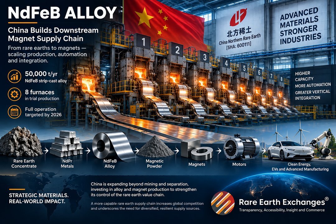 China Northern Rare Earth SHA-600111 NdFeB alloy facility with 8 strip-cast furnaces producing 50000 tons per year for EV mot