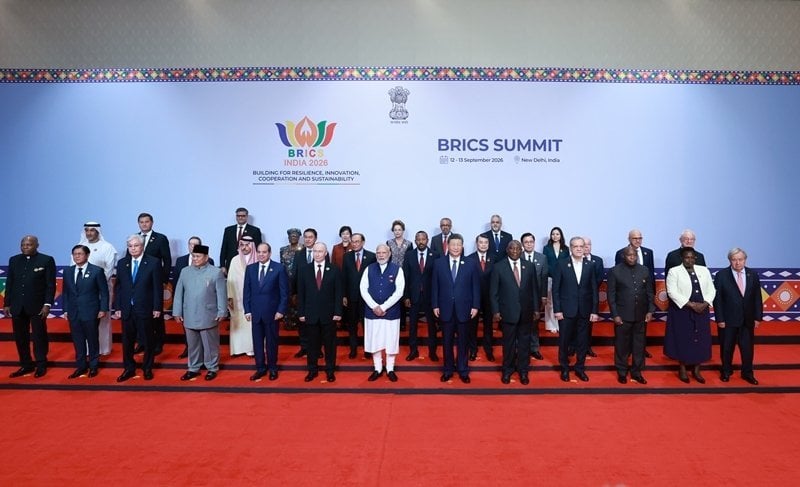 World leaders pose for official group photograph at BRICS Summit 2026 in New Delhi India, 12-13 September, with Indian nation