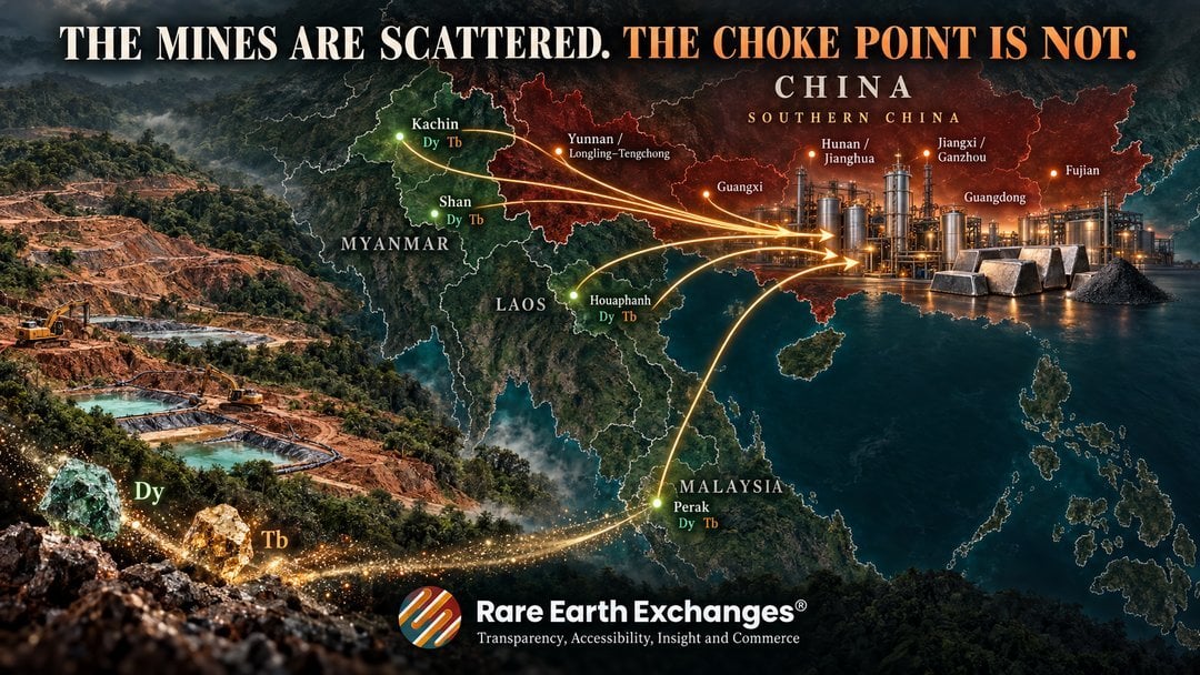 Rare Earth Exchanges map: Dysprosium and Terbium flows from Myanmar Kachin Shan, Laos Houaphanh, Malaysia Perak mines to Sout