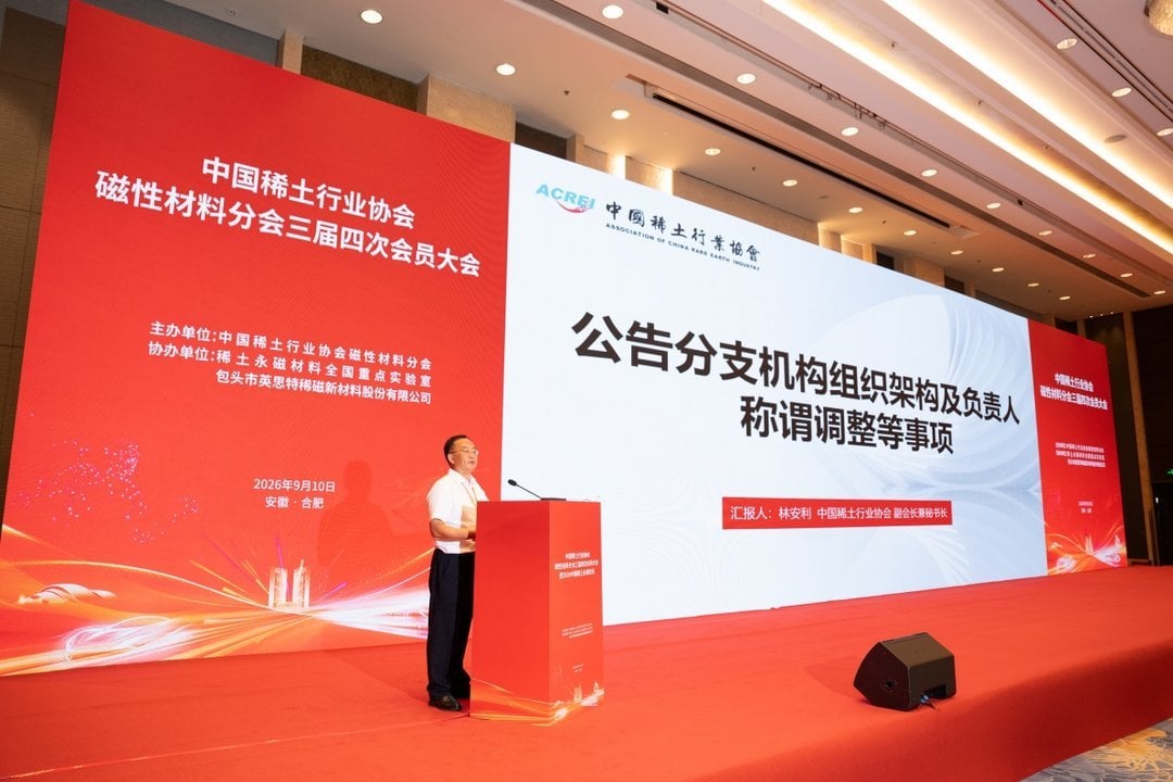 Lin Anli Deputy Secretary General ACREI speaks at podium during Magnetic Materials Branch organizational restructuring announ