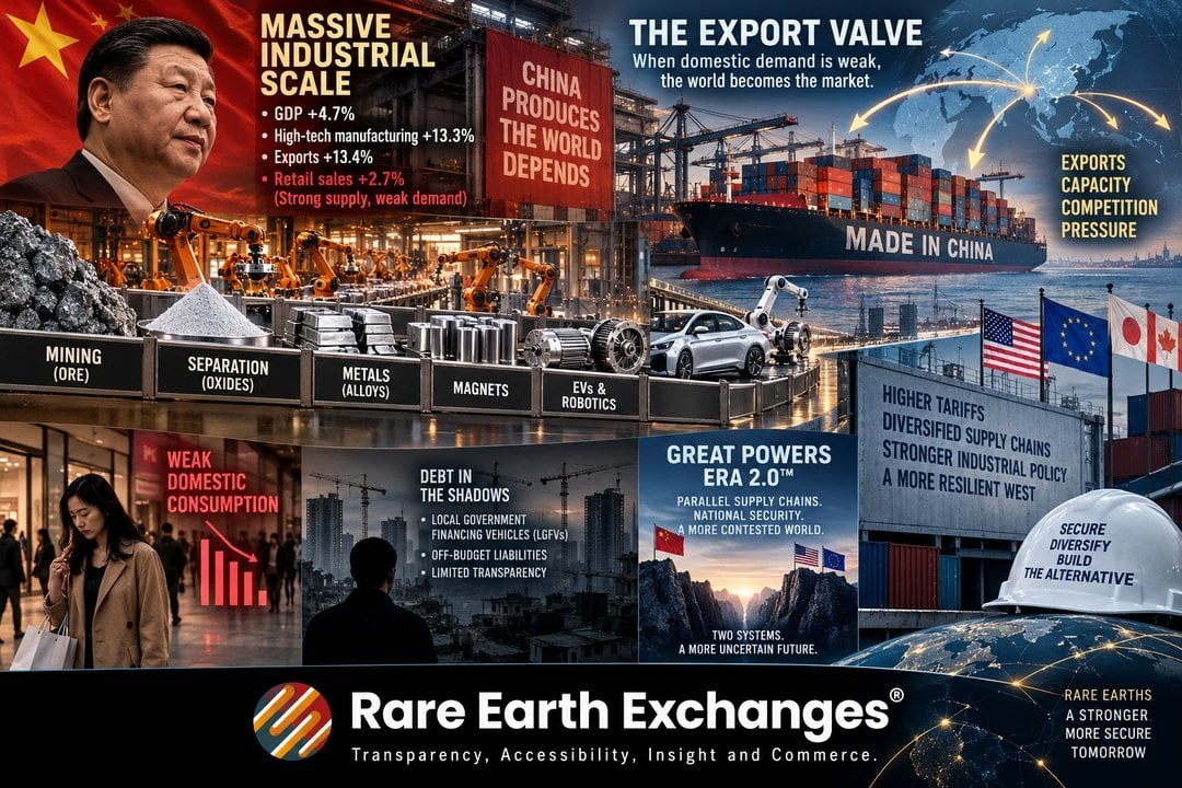 Rare Earth Exchanges infographic on China GDP growth 4.7%, rare earth mining to EVs supply chain, weak domestic consumption,
