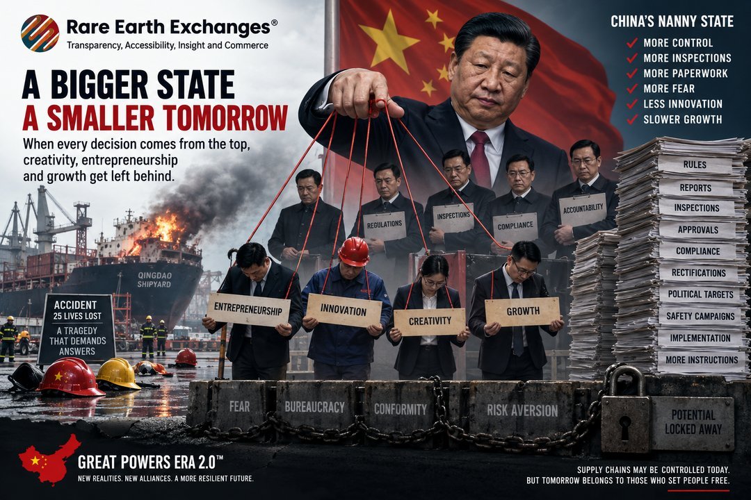 Rare Earth Exchanges infographic: Xi Jinping as puppet master controlling workers holding signs for entrepreneurship, innovat