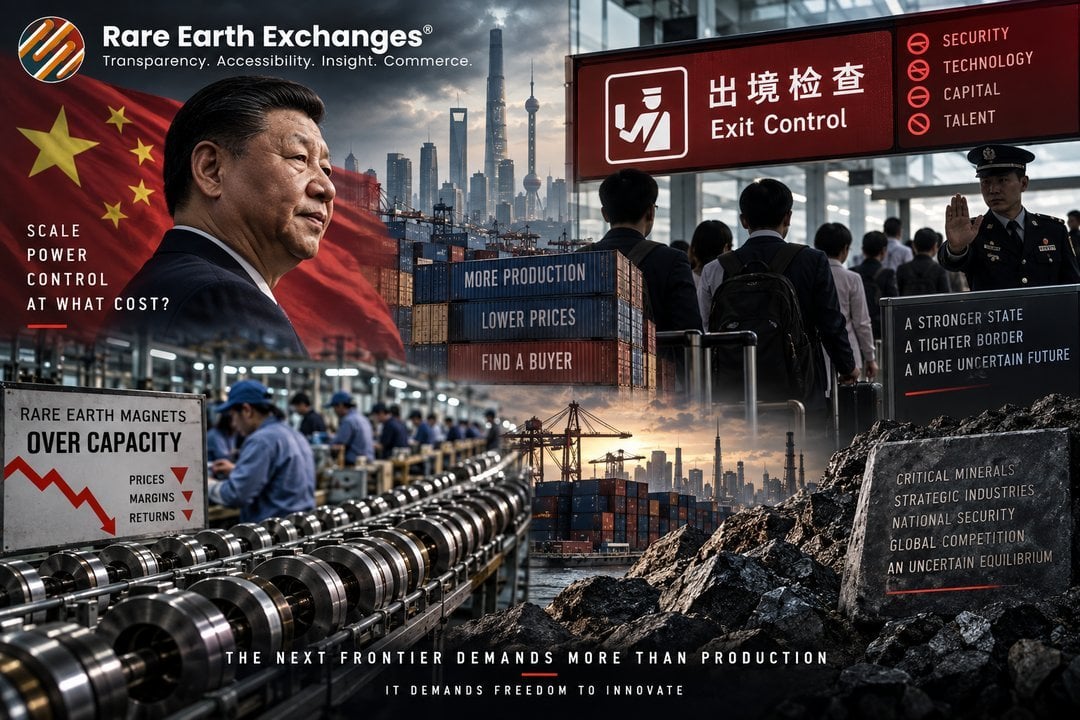 Rare Earth Exchanges infographic on China Xi Jinping rare earth magnet overcapacity exit controls restricting security techno