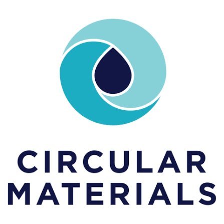 Circular Materials logo featuring interlocking teal and aqua circles with a dark navy water droplet, company name in bold nav