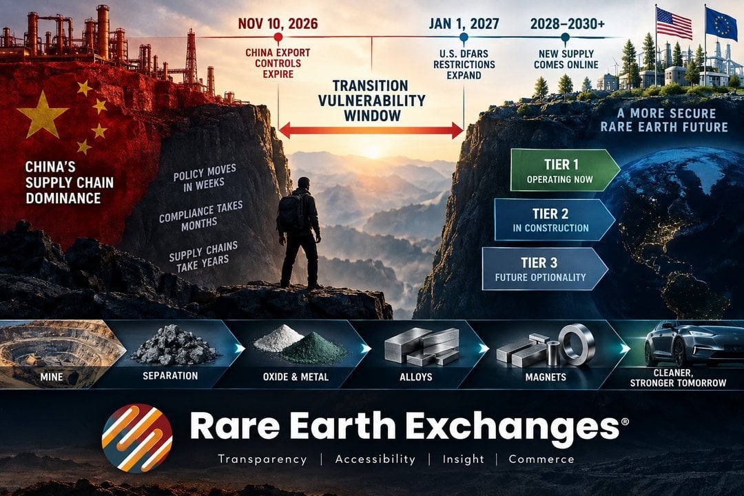 Rare Earth Exchanges infographic mapping China export controls expiring Nov 2026 through US DFARS expansion Jan 2027 to new s