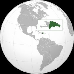 Dominican Republic marked in dark green on globe map of Western Hemisphere with Caribbean inset detail