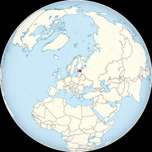 Estonia marked in red on a globe map centered over Northern Europe, surrounded by Baltic Sea, Scandinavia, and Western Russia