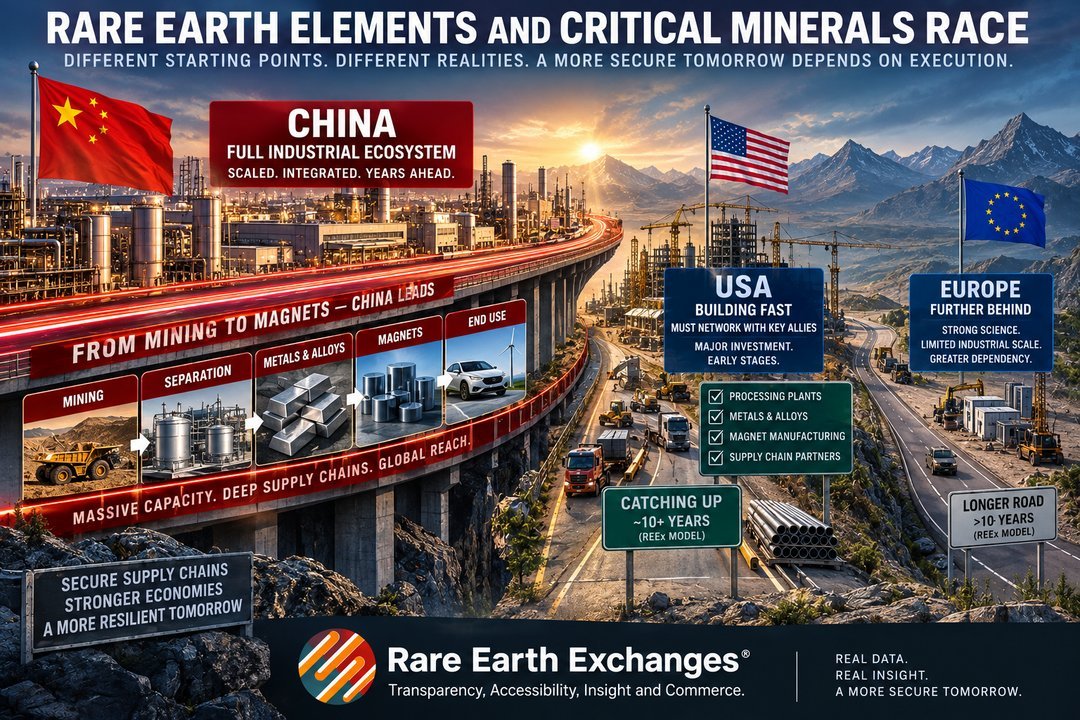 Rare Earth Exchanges infographic comparing China full industrial ecosystem versus USA and Europe critical minerals supply cha