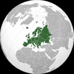 Orthographic globe projection centered on Europe with all European countries highlighted in dark green against a gray world m