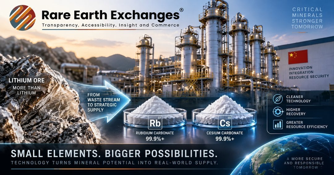 Rare Earth Exchanges infographic: lithium ore converted to 99.9% pure Rubidium Carbonate Rb37 and Cesium Carbonate Cs55 at Ch