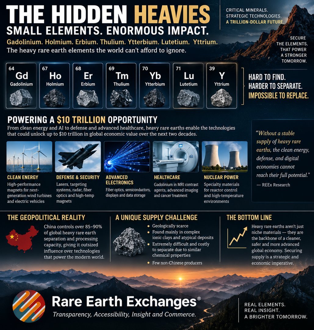 Rare Earth Exchanges infographic on 7 heavy rare earth elements powering clean energy defense healthcare nuclear and advanced