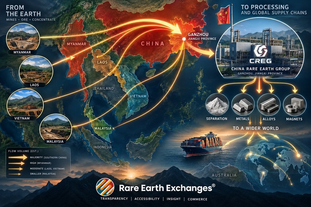 Rare Earth Exchanges infographic mapping ore flows from Myanmar, Laos, Vietnam, Malaysia to CREG Ganzhou Jiangxi Province for