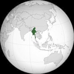 Myanmar Burma highlighted in green on an orthographic globe projection centered on Southeast Asia and the Indian subcontinent