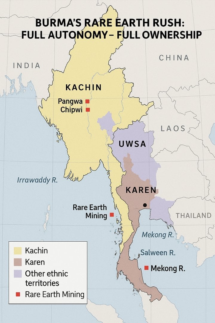 Map of Burma Myanmar rare earth mining sites in Kachin Pangwa Chipwi and Mekong River region with Karen UWSA ethnic territori