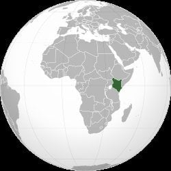 Kenya marked in dark green on an orthographic globe projection centered on Africa, surrounded by neighboring East African cou