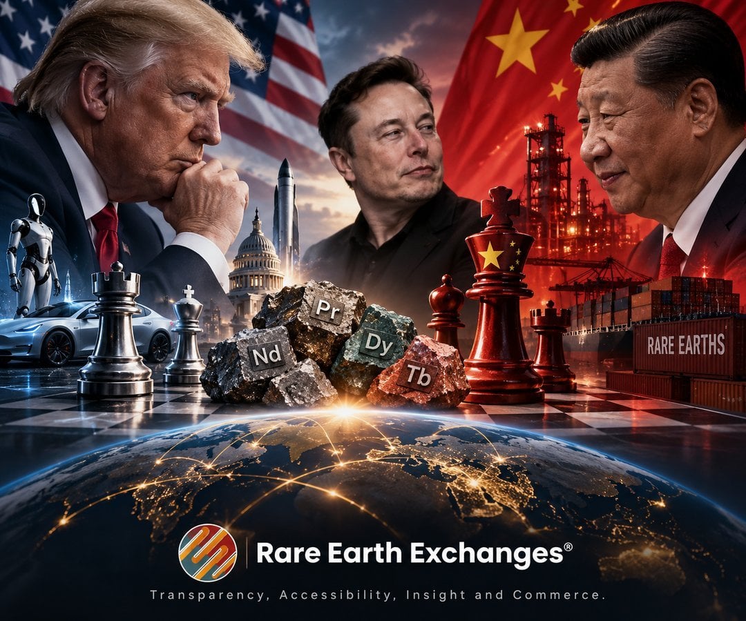 Rare Earth Exchanges promotional graphic featuring rare earth minerals Nd Pr Dy Tb on a global chessboard between American an